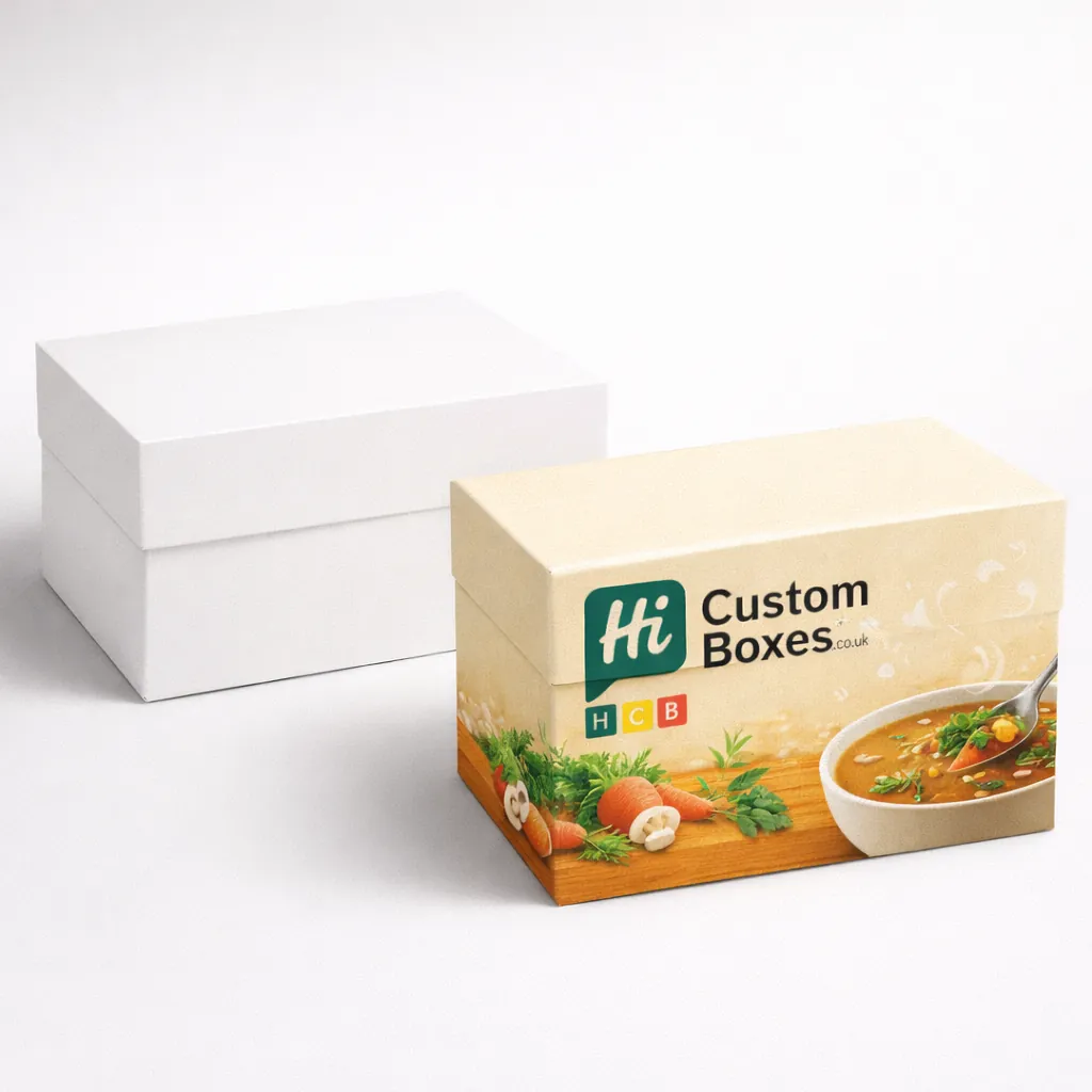 Two premium rectangular gift boxes, featuring a plain white finish and a bespoke printed soup design. class=
